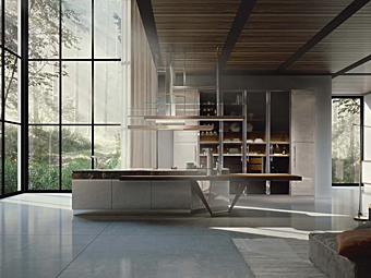 Cucina su misura con isola Essenza perla soprannaturale e noce Martini Interiors