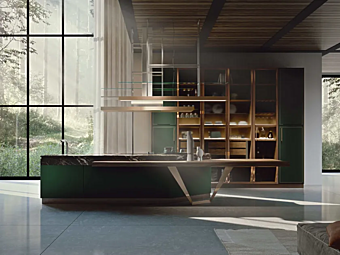 Cucina su misura con isola Essenza verde soprannaturale e rame Martini Interiors