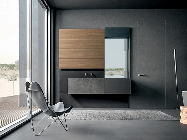 Unità lavabo in noce e ceramica con specchio e cassetti MODULNOVA BLADE fabbrica Modulnova dall'Italia. Foto №1
