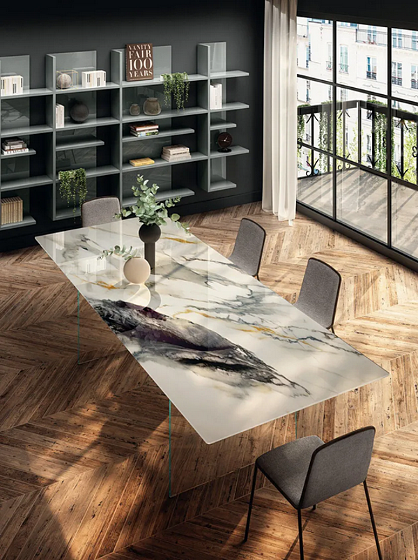 Tavolo rettangolare con base in vetro e piano in XGlass effetto marmo collezione LAGO Air Slim 2190x 2195X fabbrica LAGO dall'Italia. Foto №2