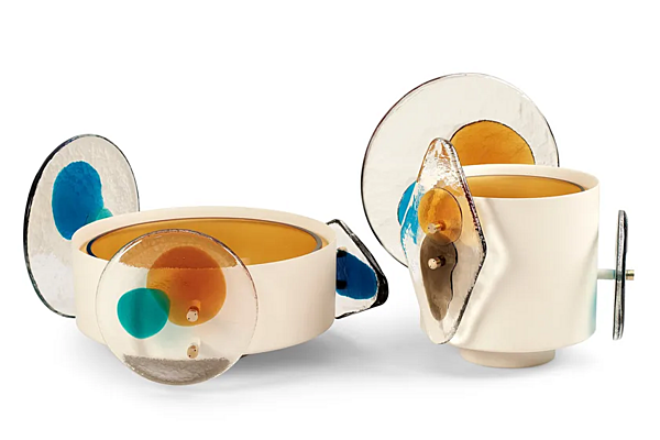 Vaso in ottone verniciato con elementi in vetro di Murano Colourdisc ambra CASSINA 79711+797 12 fabbrica CASSINA dall'Italia. Foto №2