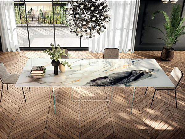 Tavolo rettangolare con base in vetro e piano in XGlass effetto marmo collezione LAGO Air Slim 2190x 2195X fabbrica LAGO dall'Italia. Foto №1
